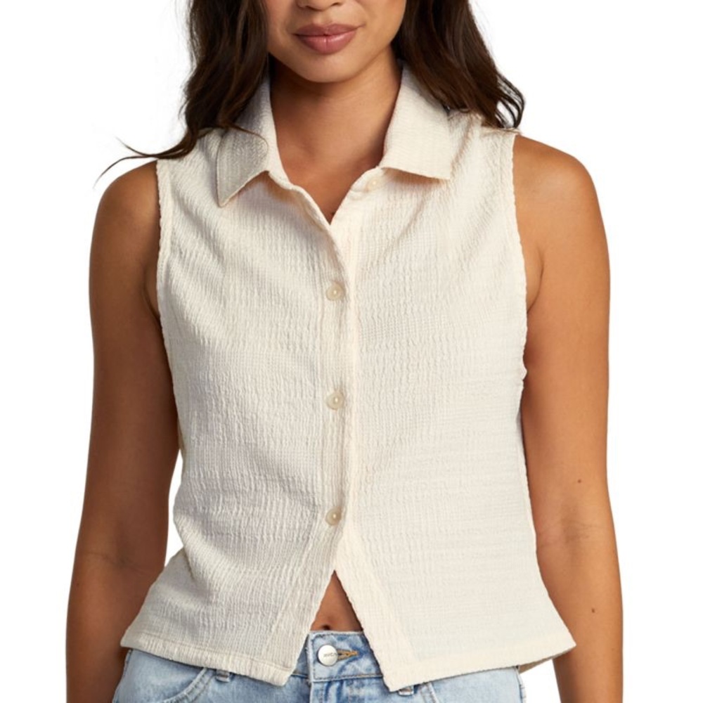 RVCA Cream Sleeveless Button-Down Collared Top